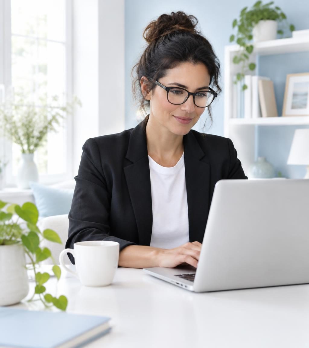 A small business owner working on her laptop at a bright desk